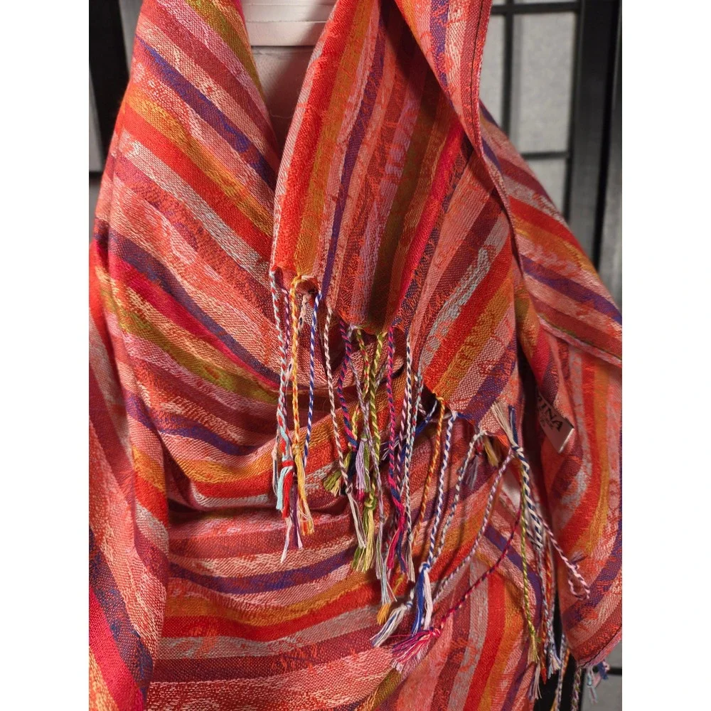 Pashmina‎ Silk Blend Striped Shawl Scarf Red Orange Pink Purple Fringe Wrap
